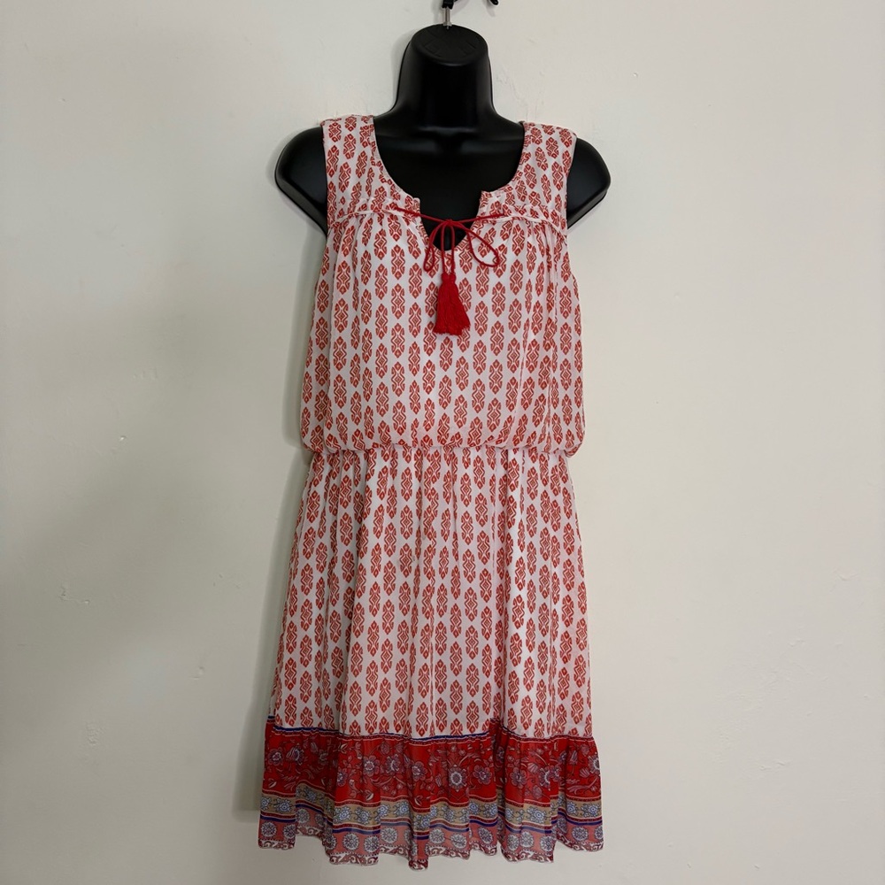 Lily Rose Split Neck Blouson Orange Print Chiffon Mini Boho Dress - Size: Medium - Picture 1 of 9